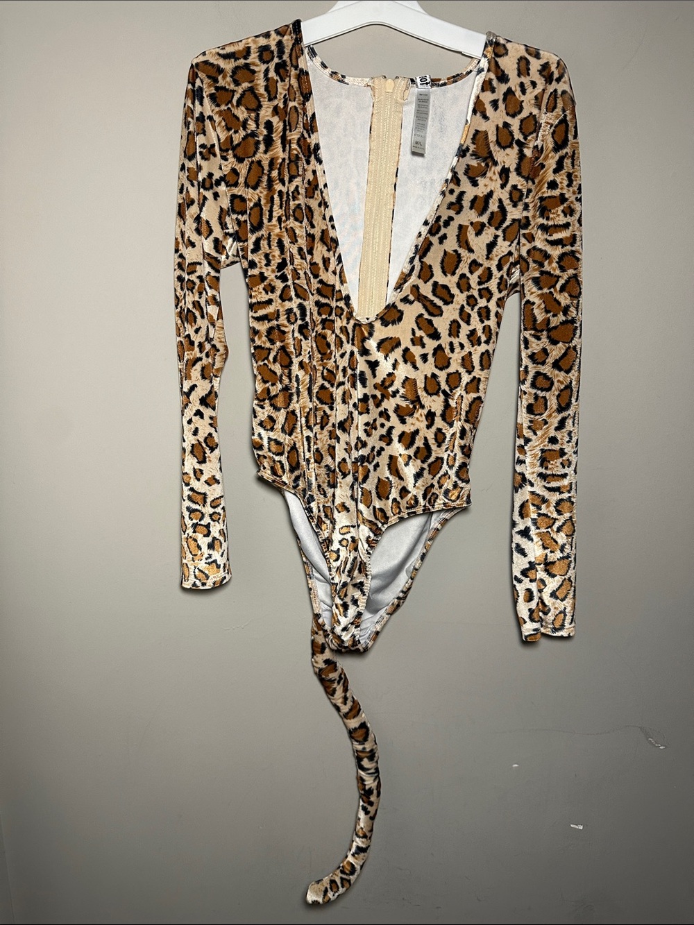 ForPlay Leopard Print Long-Sleeve V-Neck Bodysuit with a long tail